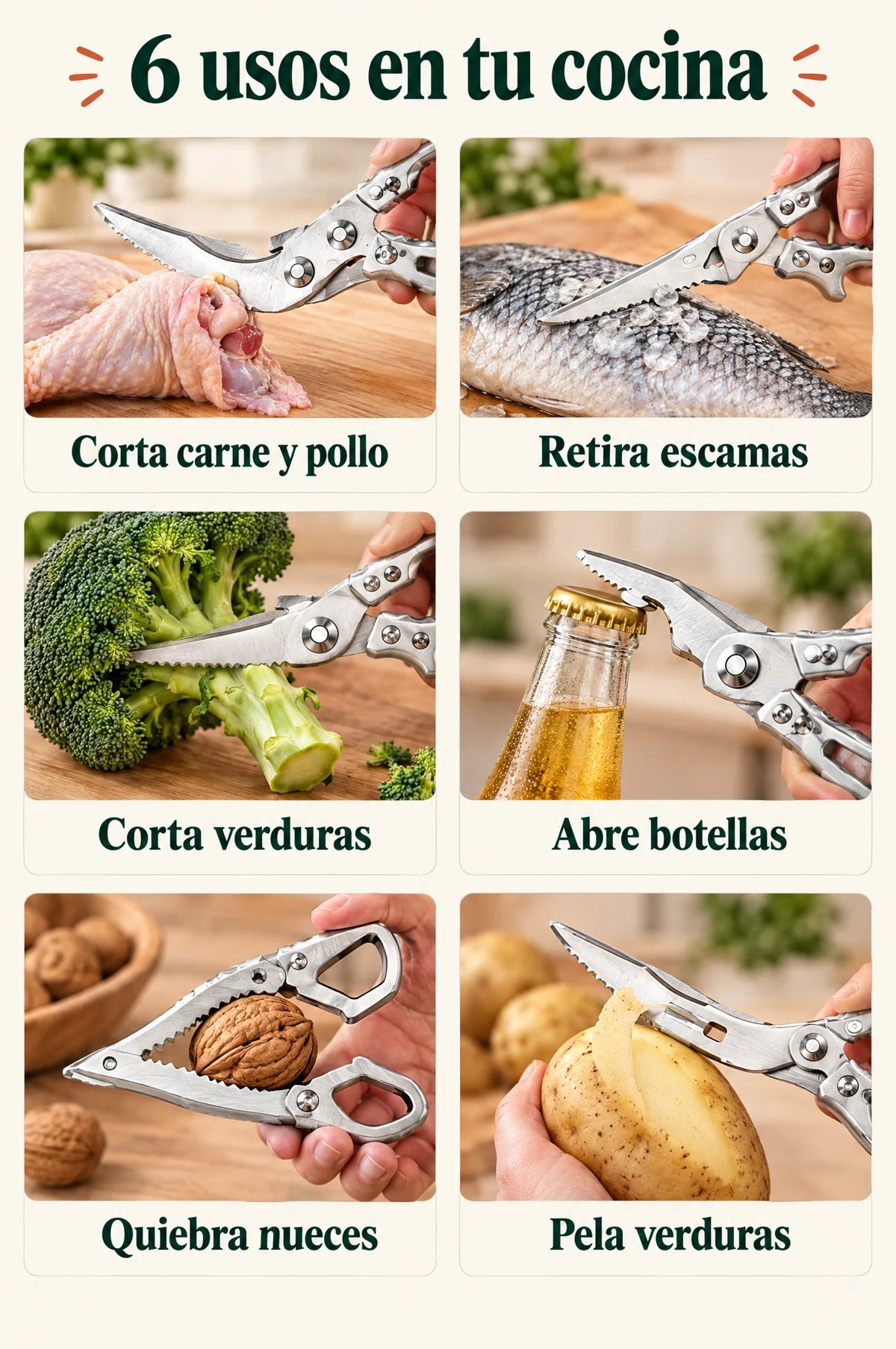 Seis usos ilustrados de las tijeras JY-2650: cortar carne y pollo, retirar escamas, cortar verduras, abrir botellas, quebrar nueces y pelar verduras.