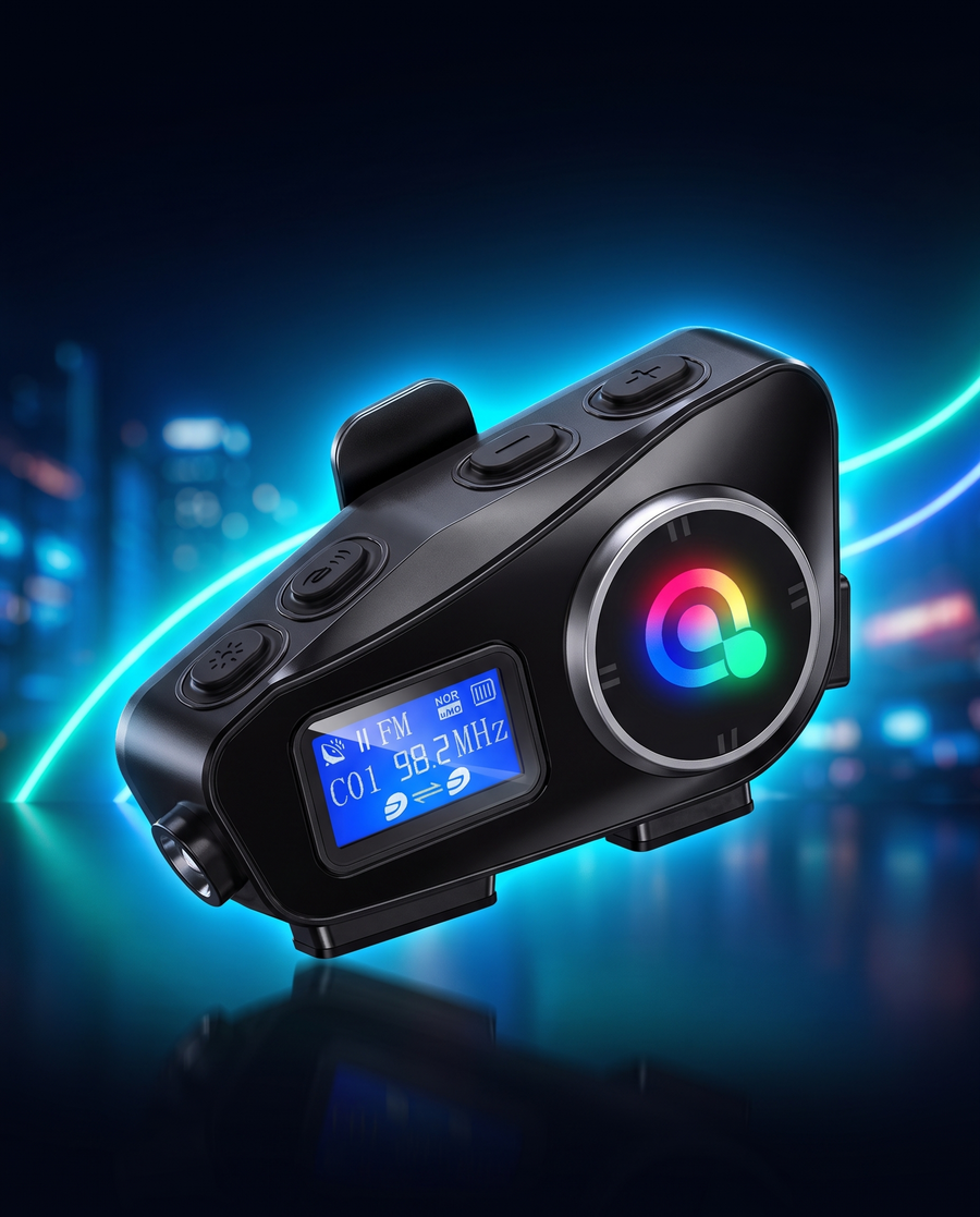 Intercomunicador Bluetooth para casco de moto con pantalla LCD y botón RGB