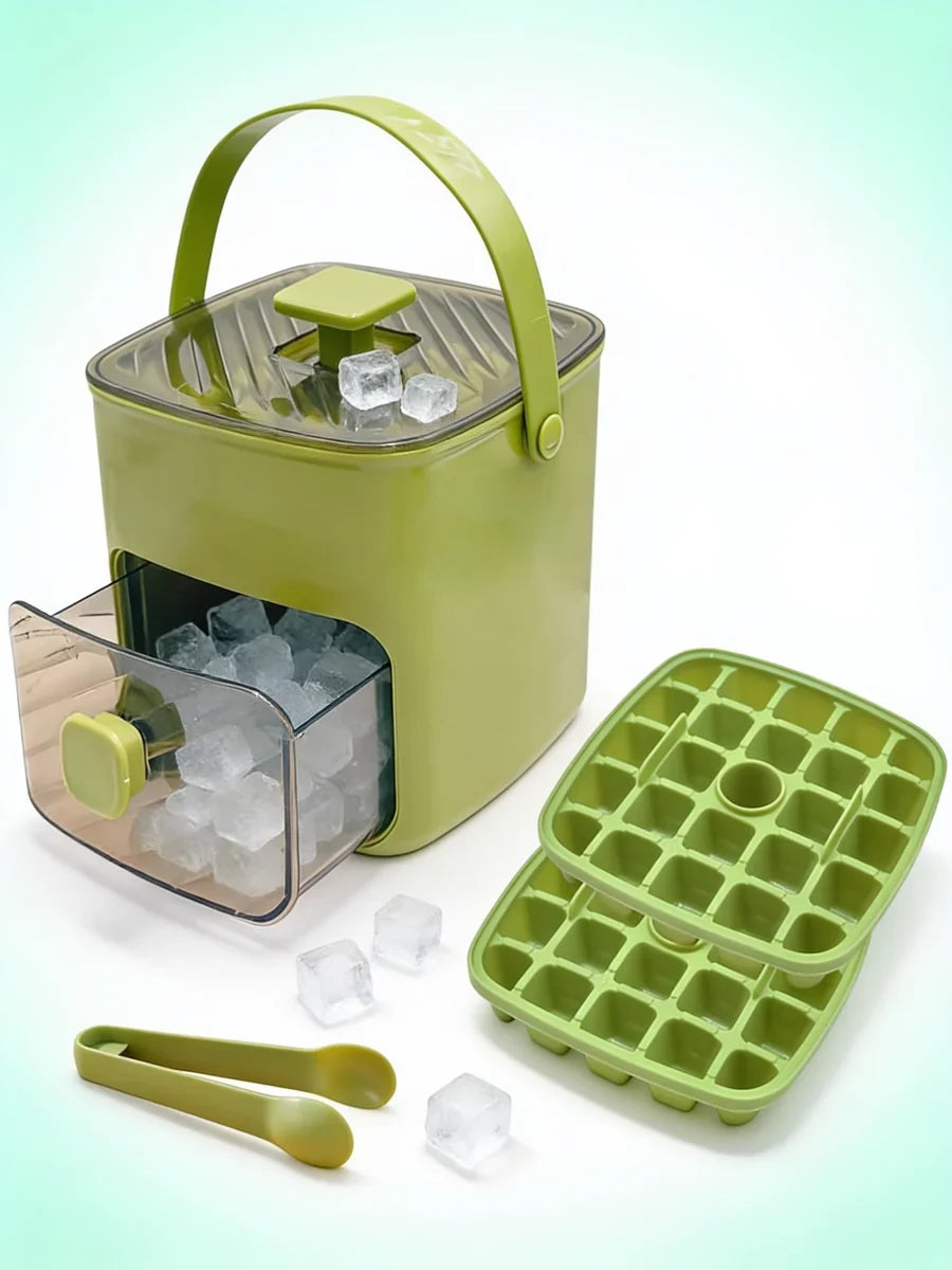 Cubetera de hielo verde con botón, cajón, 2 bandejas de 24 cubos y pinza