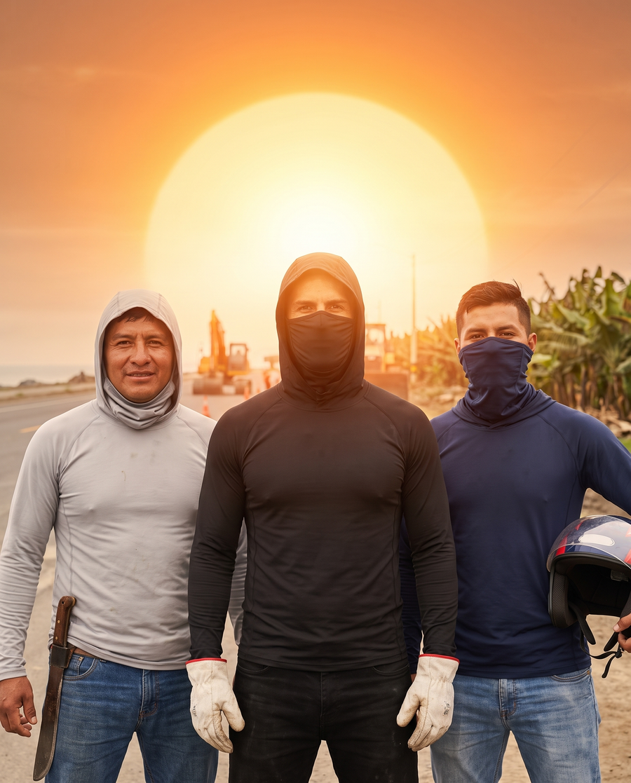 Tres trabajadores ecuatorianos con la camiseta UV con capucha y máscara bajo el sol: albañil, bananero y motorizado