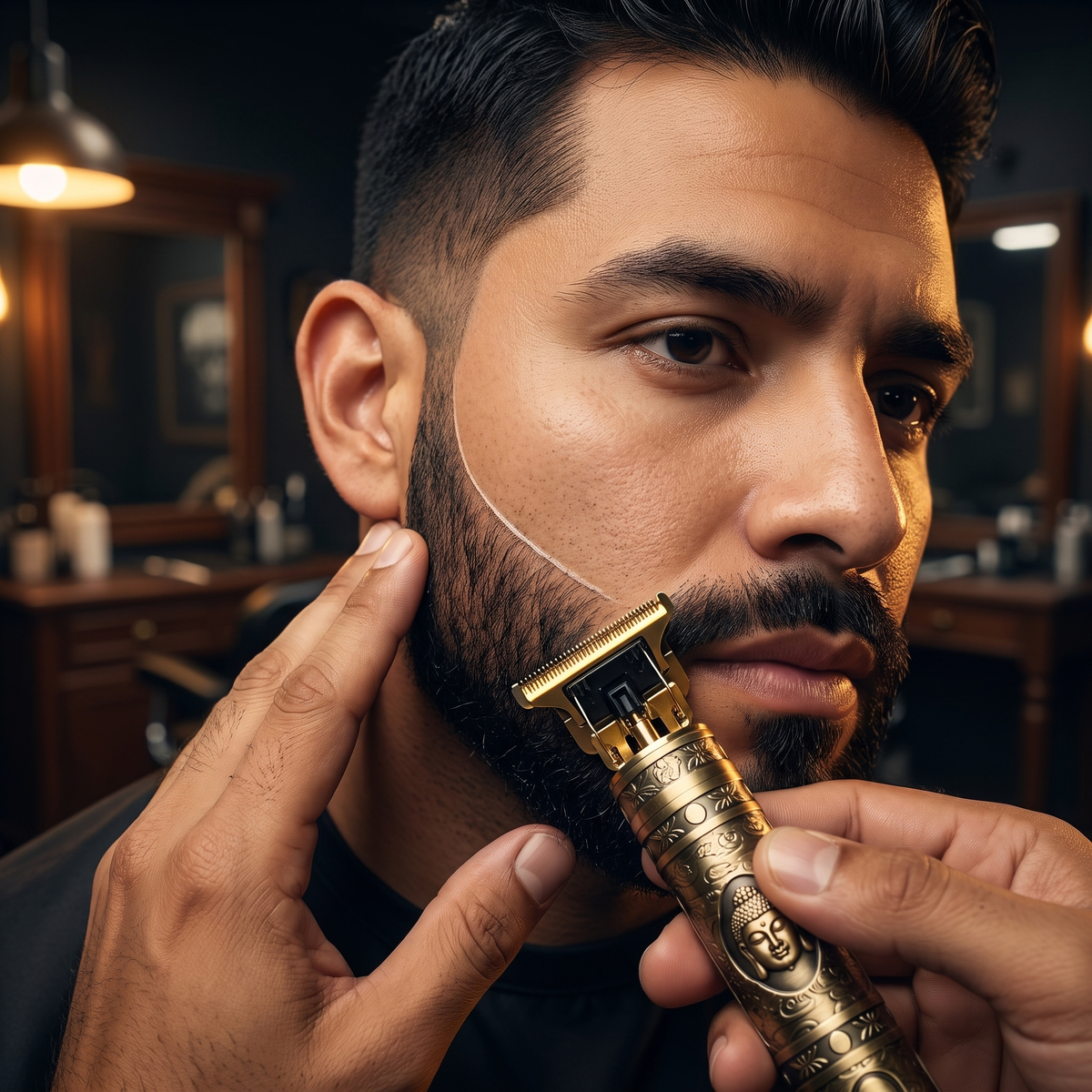 Marcando la línea de la barba con la patillera Buda