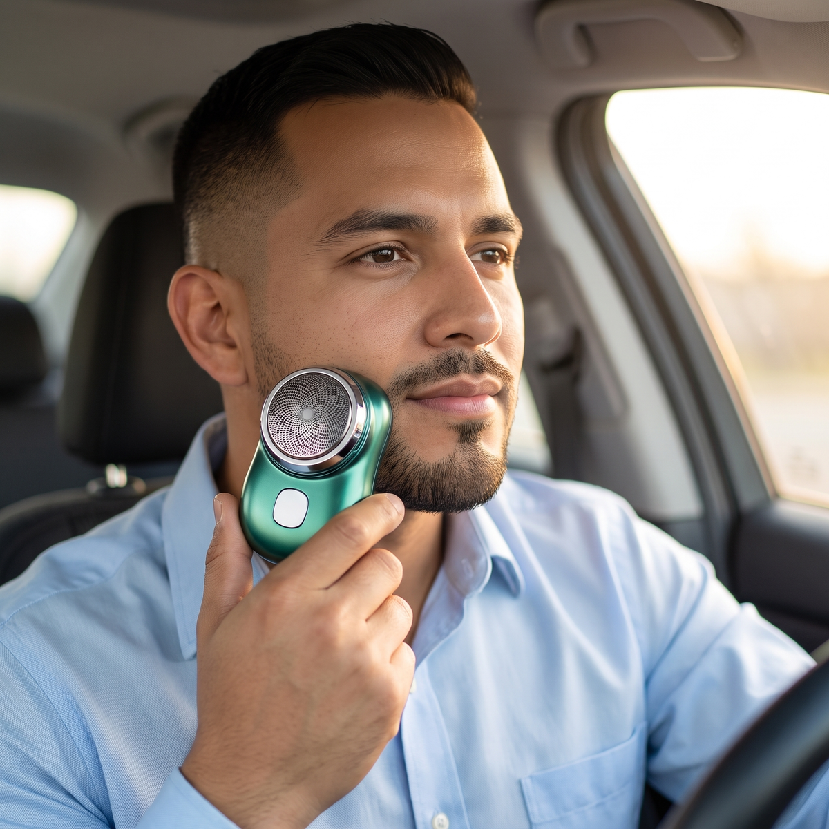 Hombre pasando la Mini Shaver por la mejilla dentro de su carro
