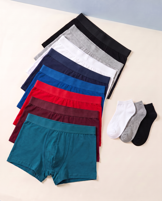 Pack de 12 bóxers de colores surtidos con 12 pares de medias tobilleras de regalo