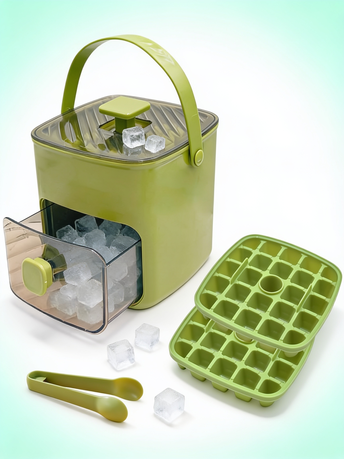 Cubetera de hielo verde con botón, cajón, 2 bandejas de 24 cubos y pinza