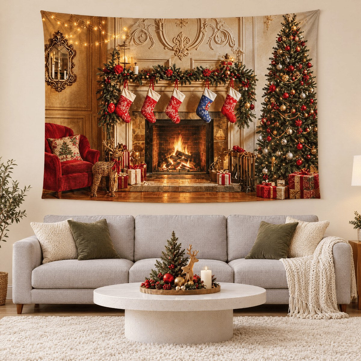 Telón navideño diseño Chimenea clásica colgado en la sala
