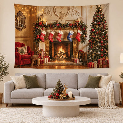 Telón navideño diseño Chimenea clásica colgado en la sala