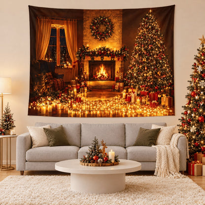 Telón navideño diseño Chimenea de noche colgado en la sala