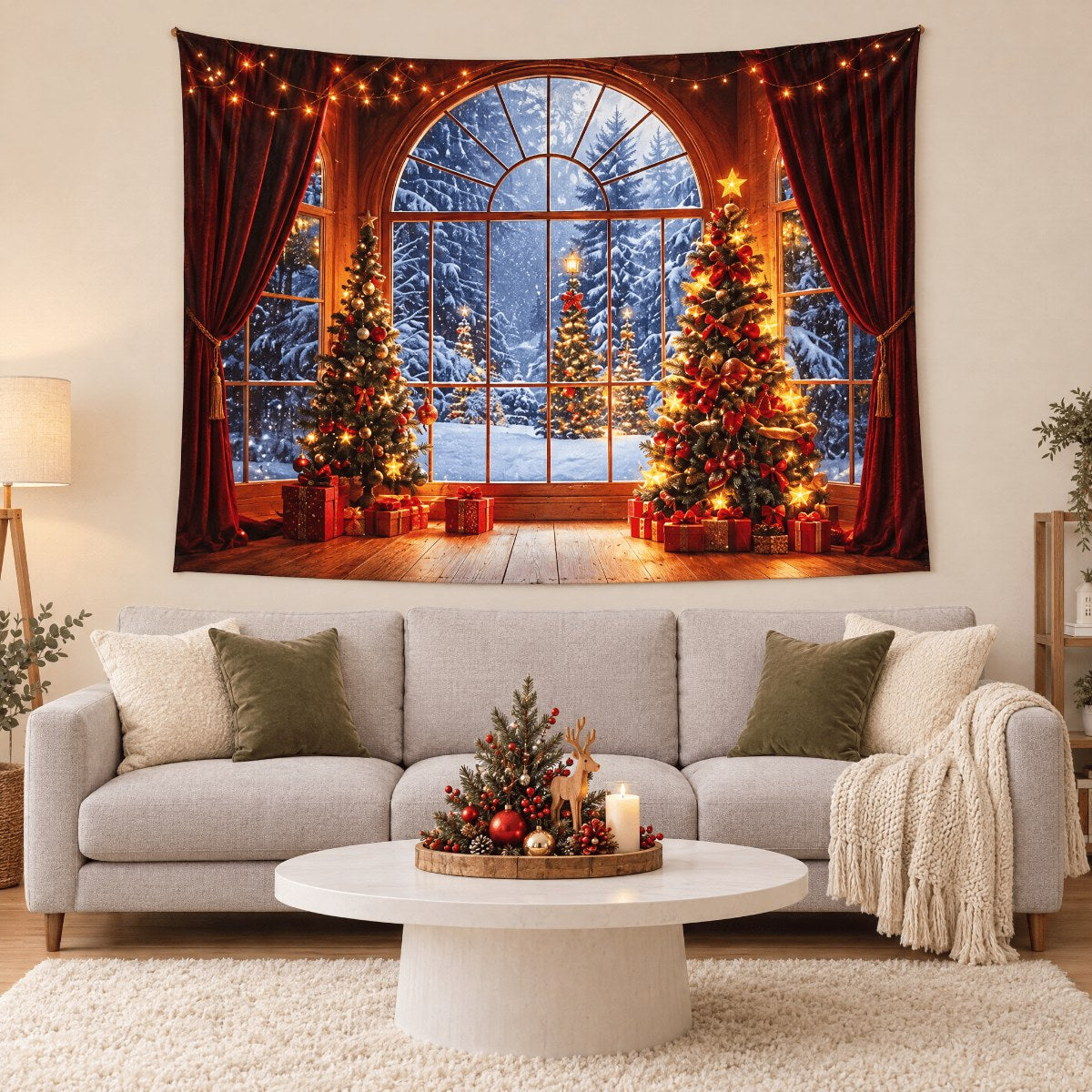 Telón navideño diseño Ventana nevada colgado en la sala