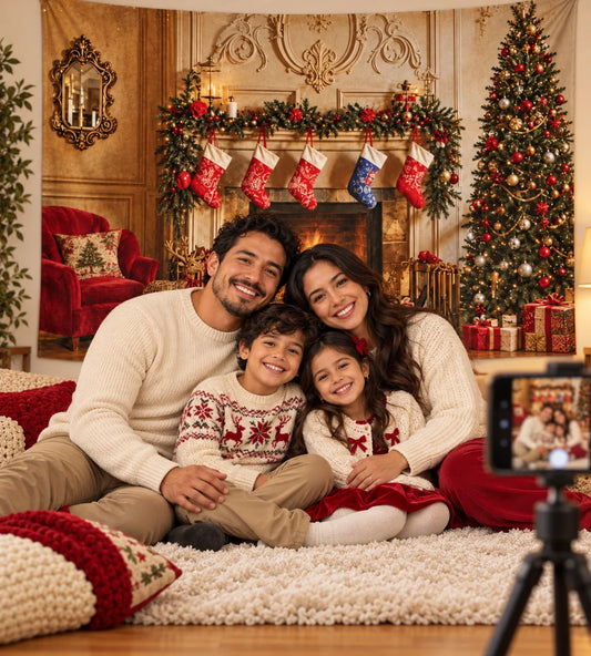 Ambientación ilustrativa: familia tomándose una foto frente al telón Chimenea clásica